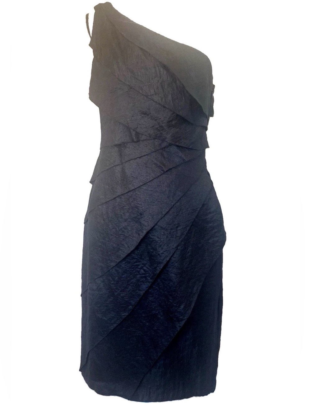London Times Black One-Shoulder Tiered Sheath Cocktail Wedding Guest Dress Sz 12